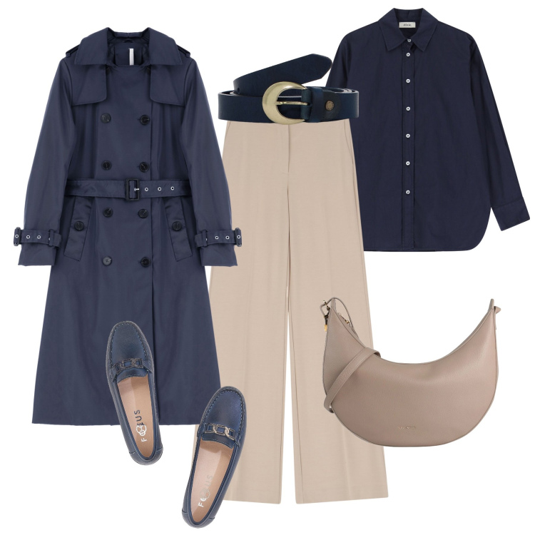 Outfit donna - Blu navy e sabbia in ufficio. Stile Casual chic per Ufficio. Abbinamento con borse a tracolla, pantaloni, trench, camicie, cinture, mocassini.