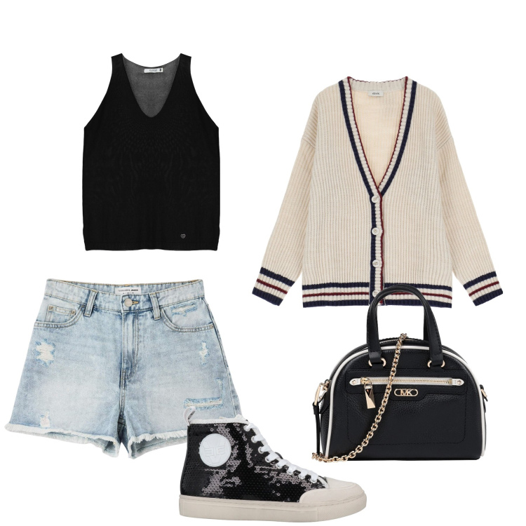 Outfit donna - Unicy. Stile Glamour per Tutti i giorni. Abbinamento con borse a mano, sneakers alte, shorts, top, cardigans.