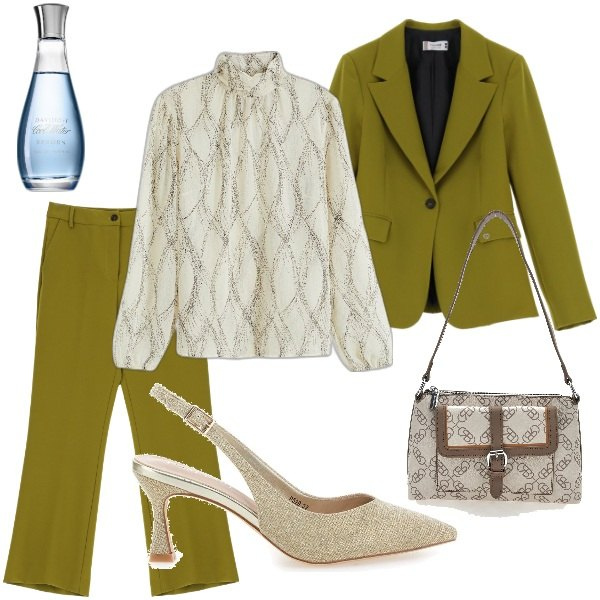 Outfit donna - Compleanno a sopresa. Stile Casual chic per Serata fuori. Abbinamento con camicie, profumi, blazer, pantaloni, décolleté, borse a spalla.