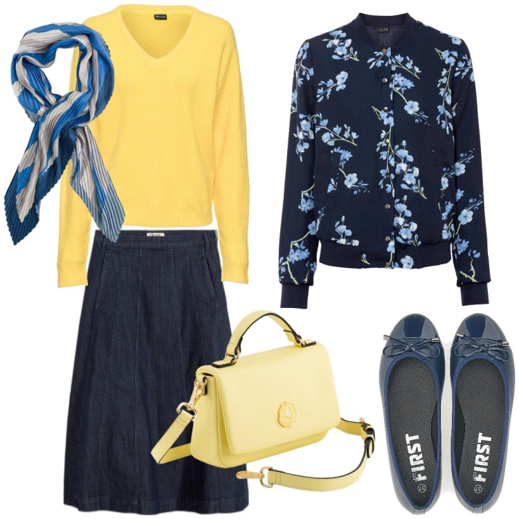 Outfit donna - Primavera in giallo e blu. Stile Casual chic per Tutti i giorni. Abbinamento con bomber, maglieria, gonne longuette, ballerine, borse a cartella, foulard.