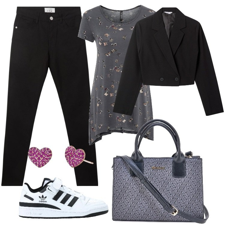 Outfit donna - Orecchini a "Cuoricini". Stile Trendy per Tutti i giorni. Abbinamento con t-shirt, sneakers, blazer, pantaloni, orecchini, borse a tracolla.