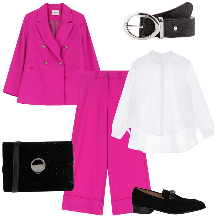 Outfit donna - Blazer e camicia leggera. Stile Mannish per Ufficio. Abbinamento con mocassini, borse a tracolla, camicie, pantaloni a palazzo, blazer, cinture.