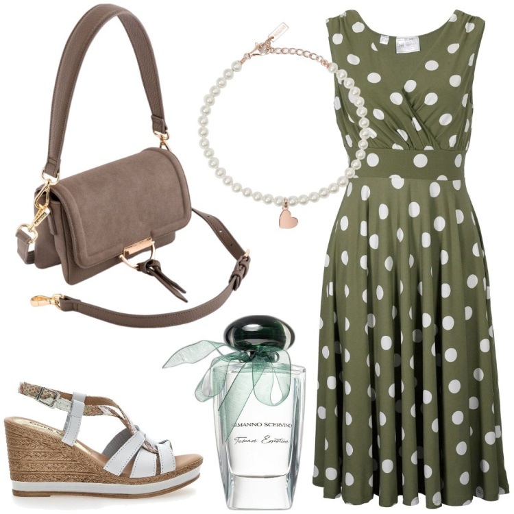 Outfit donna - In vacanza. Stile Bon Ton per Tutti i giorni. Abbinamento con vestiti, profumi, braccialetti, sandali in pelle, borse a tracolla.