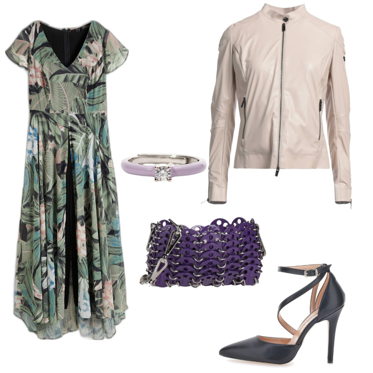 Outfit donna - La tuta verde a fantasia. Stile Romantica per Serata fuori. Abbinamento con tute, blazer, borse a tracolla, anelli, décolleté.