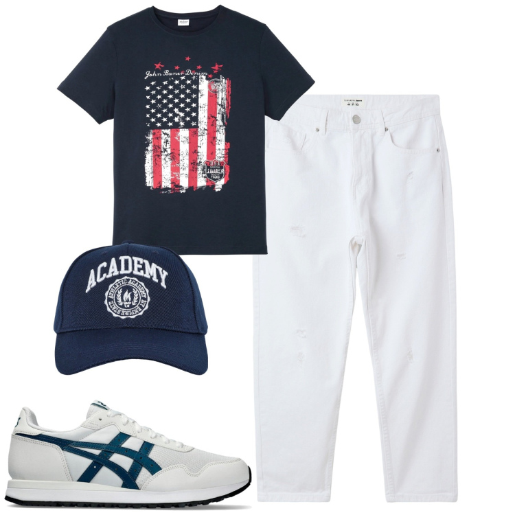 Outfit uomo - Total look #2076269. Stile Casual per Tutti i giorni. Abbinamento con t-shirt, jeans strappati, cappelli con visiera, sneakers.
