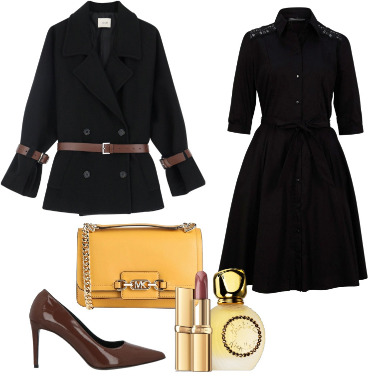 Outfit donna - A lavoro 8 marzo. Stile Chic per Ufficio. Abbinamento con vestiti chemisier, borse a spalla, décolleté, rossetti, profumi, blazer.