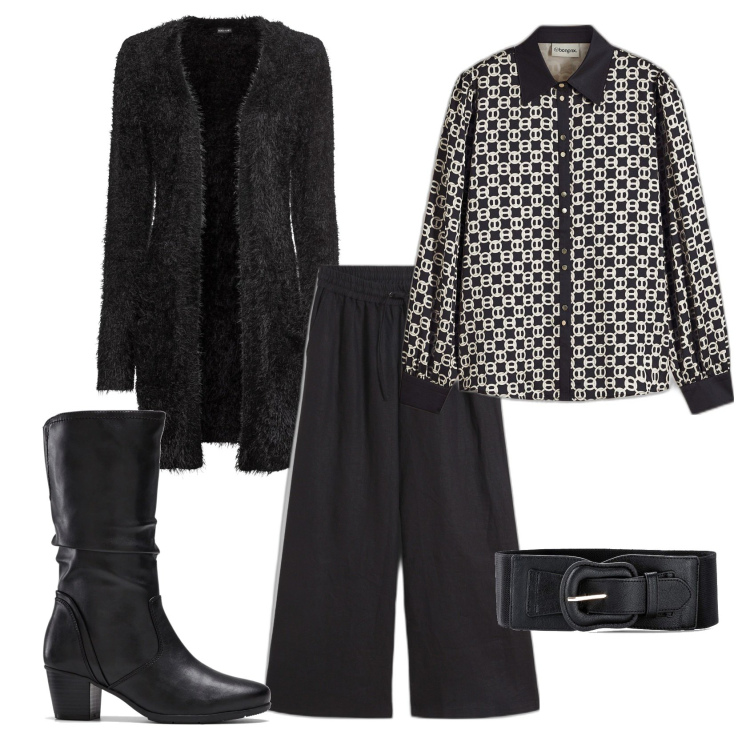 Outfit donna - Total look #2076282. Stile Casual chic per Ufficio. Abbinamento con cardigans, cinture, stivali, pantaloni a palazzo, bluse.
