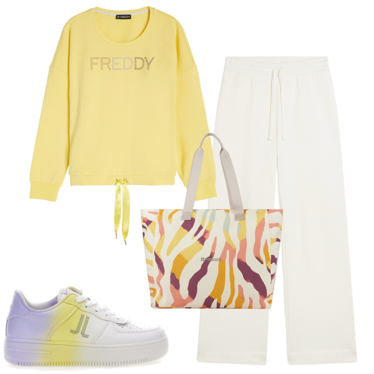 Outfit donna - Freddy. Stile Casual per Tutti i giorni. Abbinamento con pantaloni, shopping bag, felpe, sneakers.