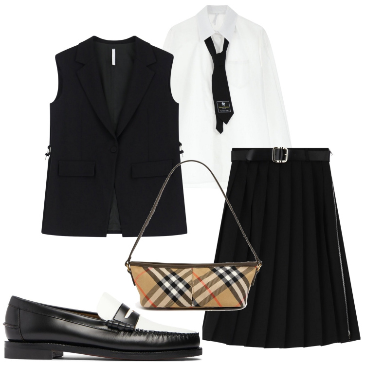 Outfit donna - Stile college. Stile Casual chic per Serata fuori. Abbinamento con camicie, gonne longuette, gilet, borse a mano, mocassini.