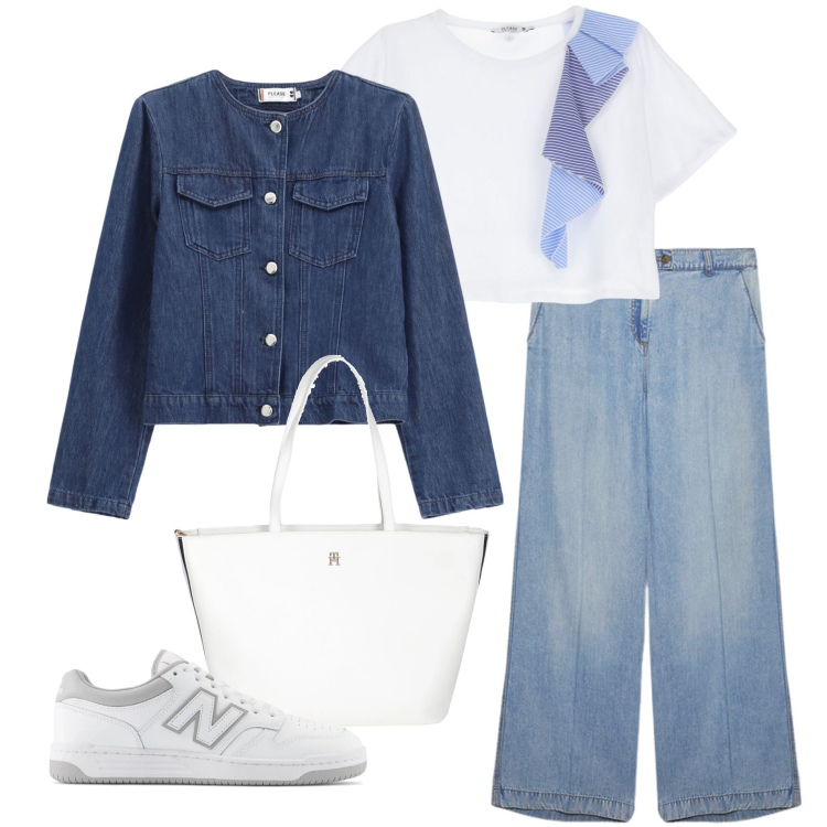 Outfit donna - Casual chic. Stile Casual chic per Serata fuori. Abbinamento con borse a mano, sneakers, t-shirt, blazer, pantaloni.