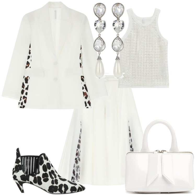 Outfit donna - Total look #2076302. Stile Chic per Serata fuori. Abbinamento con stivaletti, top, gonne, blazer, orecchini, borse a mano.