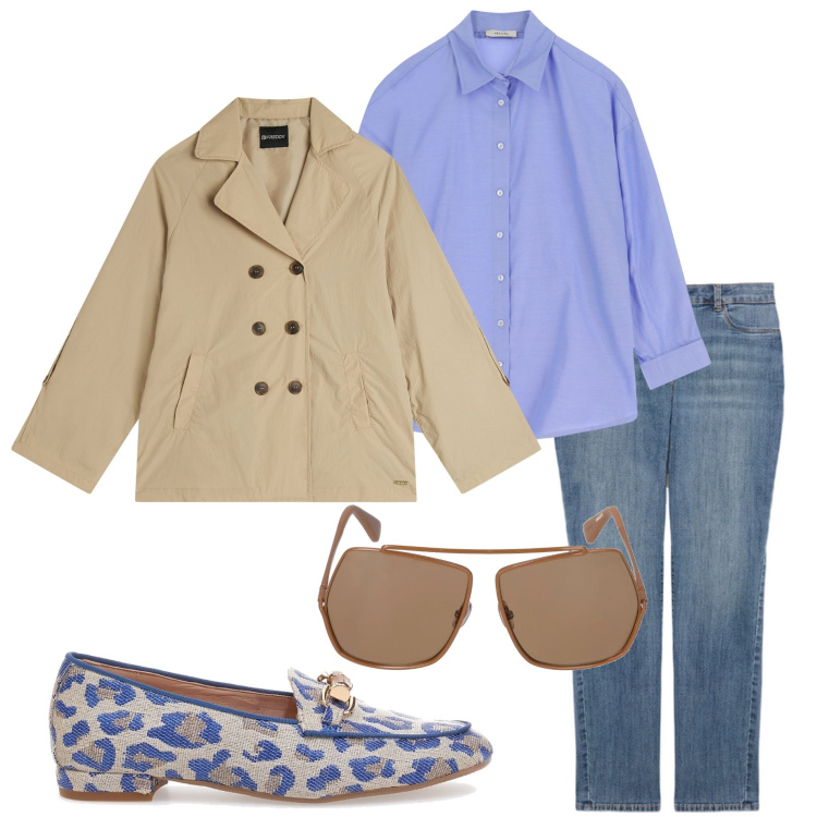 Outfit donna - In ufficio. Stile Casual chic per Ufficio. Abbinamento con trench, camicie, jeans skinny, mocassini, occhiali da sole.