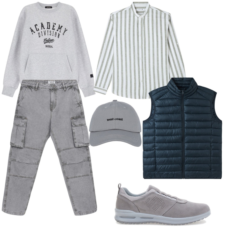 Outfit uomo - I toni del grigio. Stile Urban per Tutti i giorni. Abbinamento con camicie, cappelli con visiera, gilet, jeans, felpe, sneakers.