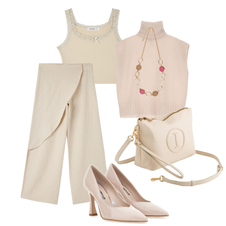 Outfit donna - Mix di tessuti nude H24. Stile Glamour per Tutti i giorni. Abbinamento con pantaloni, top, gilet, collane, décolleté, valigie.