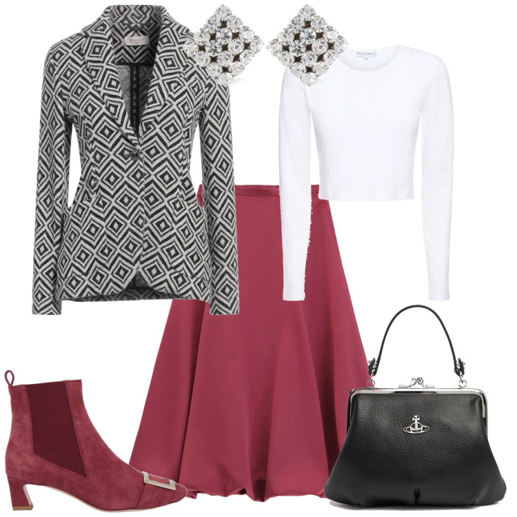 Outfit donna - Total look #2076311. Stile Vintage retrò per Serata fuori. Abbinamento con blazer, stivaletti chelsea, gonne longuette, borse a mano, orecchini, top.