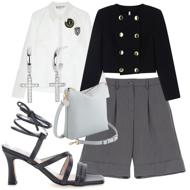 Outfit donna - Stile in bermuda. Stile Glamour per Tutti i giorni. Abbinamento con orecchini, camicie, bermuda, blazer, sandali col tacco, borse a tracolla.