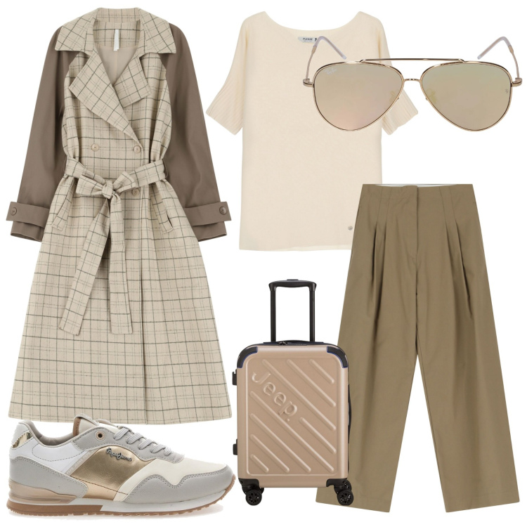 Outfit donna - Weekend con le amiche. Stile Casual chic per Mare. Abbinamento con pantaloni, maglieria, trench, sneakers, occhiali da sole, valigie.