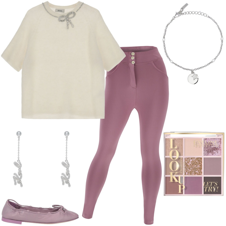 Outfit donna - Pantaloni slim fit. Stile Casual per Tutti i giorni. Abbinamento con ballerine, orecchini, ombretti, braccialetti con ciondoli, pantaloni skinny, maglieria.