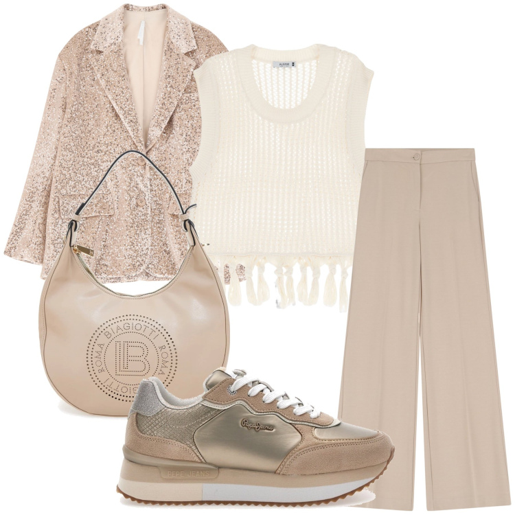 Outfit donna - Primavera. Stile Chic per Ufficio. Abbinamento con maglieria, blazer, pantaloni, sneakers, borse a spalla.