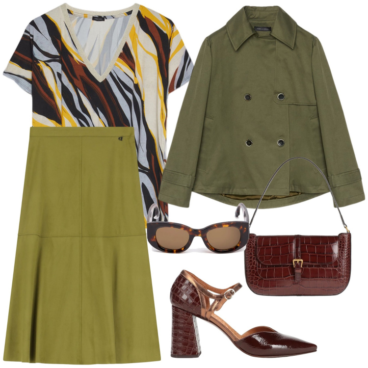 Outfit donna - Aperitivo con lui. Stile Casual chic per Serata fuori. Abbinamento con décolleté, borse a mano, trench, t-shirt, gonne longuette, occhiali da sole.