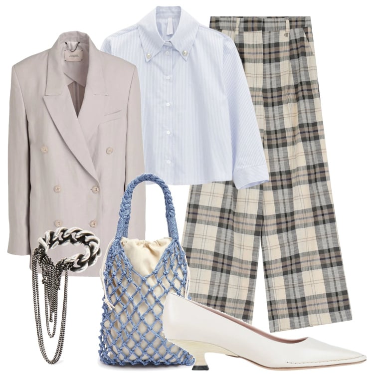 Outfit donna - Tonalità delicate. Stile Casual chic per Tutti i giorni. Abbinamento con décolleté, blazer, camicie, pantaloni, borse a spalla, anelli.
