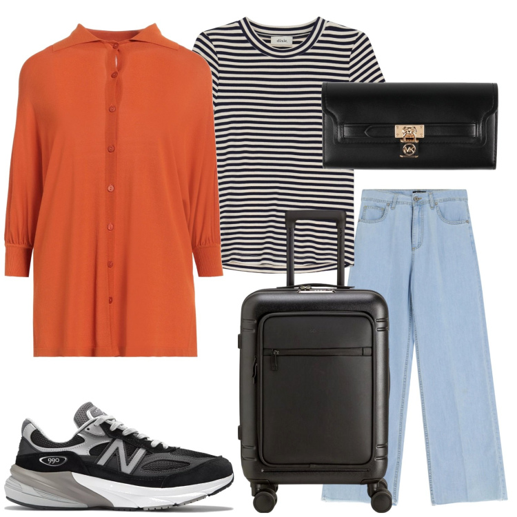 Outfit donna - Go!. Stile Casual per Tutti i giorni. Abbinamento con cardigans, portafogli, sneakers, jeans, t-shirt, valigie.