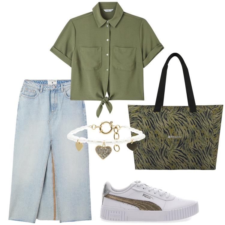 Outfit donna - Total look #2076325. Stile Sporty chic per Tutti i giorni. Abbinamento con camicie a manica corta, gonne lunghe, shopping bag, braccialetti, sneakers.