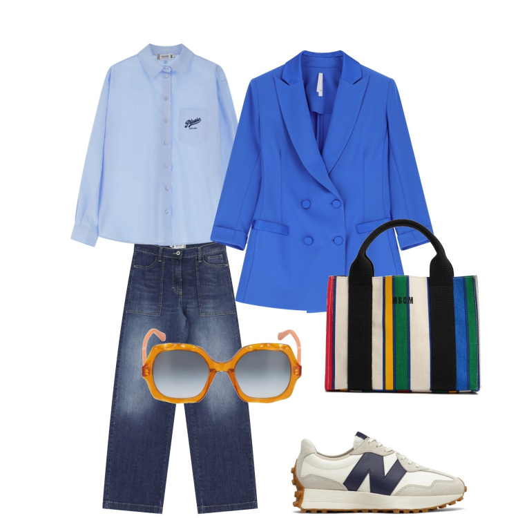 Outfit donna - Shopping con le amiche. Stile Casual chic per Tutti i giorni. Abbinamento con sneakers, camicie, jeans, blazer, shopping bag, occhiali da sole.