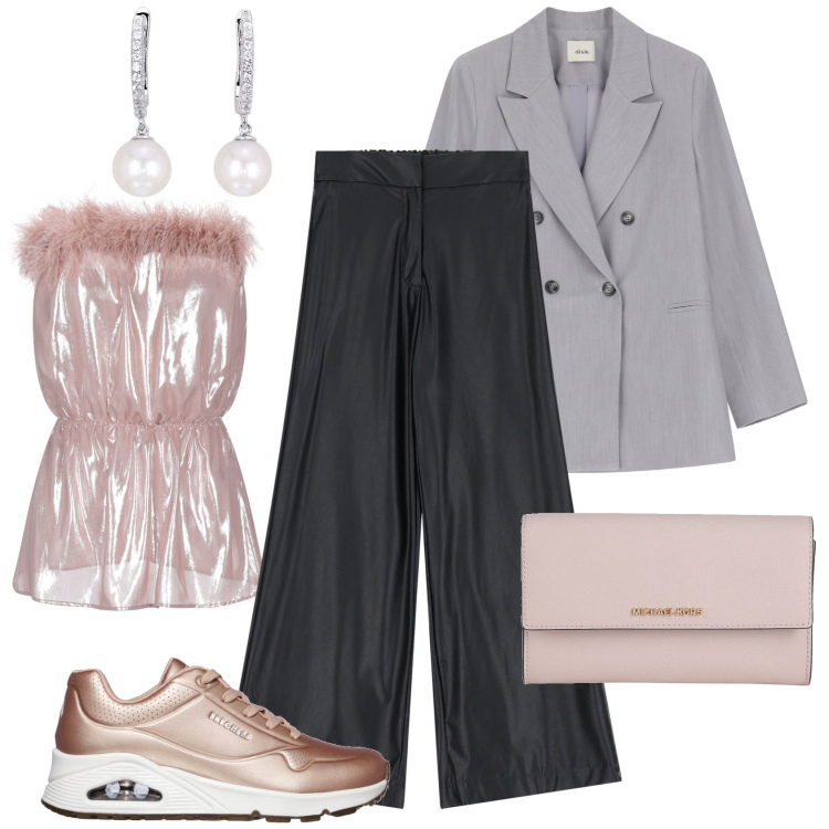 Outfit donna - Pranzo di compleanno. Stile Chic per Tutti i giorni. Abbinamento con borse a mano, top, orecchini, pantaloni a palazzo, blazer, sneakers.