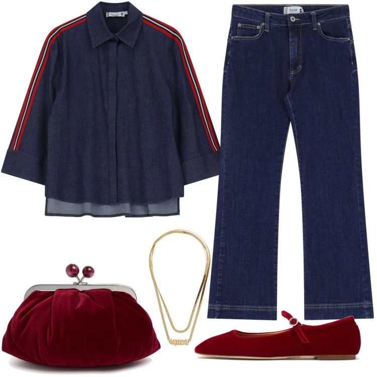 Outfit donna - Total jeans. Stile Glamour per Tutti i giorni. Abbinamento con collane, camicie, jeans a zampa, ballerine, pochette.
