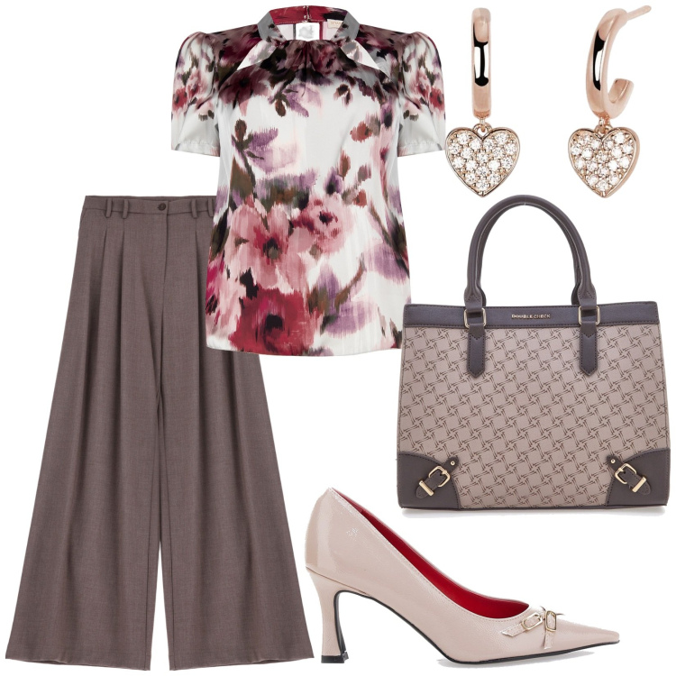 Outfit donna - Blusa stampa floreale. Stile Romantica per Ufficio. Abbinamento con orecchini, bluse, pantaloni, borse a tracolla, décolleté.