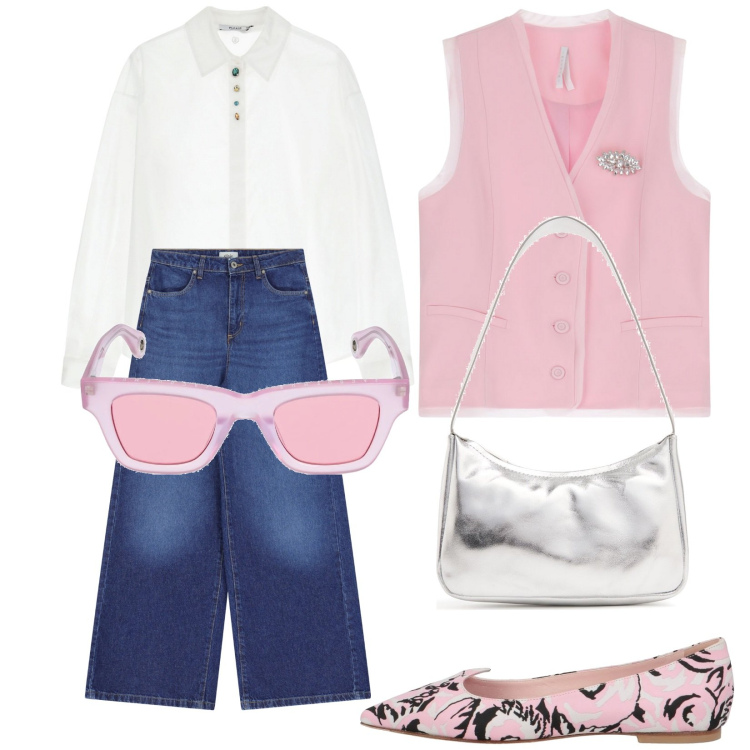 Outfit donna - Quando vuoi. Stile Trendy per Tutti i giorni. Abbinamento con ballerine, camicie, gilet, jeans, occhiali da sole, borse a spalla.