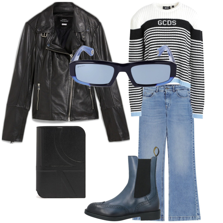 Outfit donna - Total look #2076349. Stile Casual per Tutti i giorni. Abbinamento con blazer, stivaletti chelsea, pullovers, jeans, occhiali da sole, portafogli.