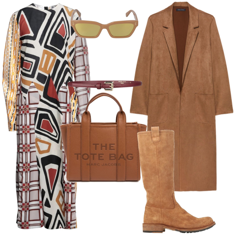 Outfit donna - Oggi passeggiata in centro. Stile Casual per Tutti i giorni. Abbinamento con stivali, vestiti midi/longuette, cinture, trench, occhiali da sole, shopping bag.