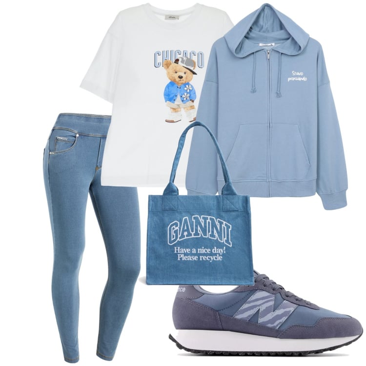 Outfit donna - Comoda con stile. Stile Sporty chic per Tutti i giorni. Abbinamento con jeans skinny, felpe con cappuccio, sneakers, t-shirt, shopping bag.