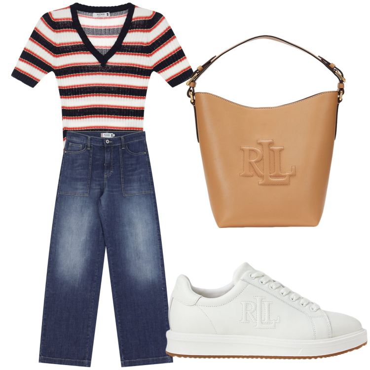 Outfit donna - Aperitivo. Stile Trendy per Tutti i giorni. Abbinamento con jeans, maglieria, sneakers, borse a secchiello.