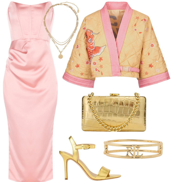 Outfit donna - Un tocco orientale. Stile Bon Ton per Cerimonia. Abbinamento con vestiti midi/longuette, ciondoli, clutch, braccialetti, sandali in pelle, kimono.