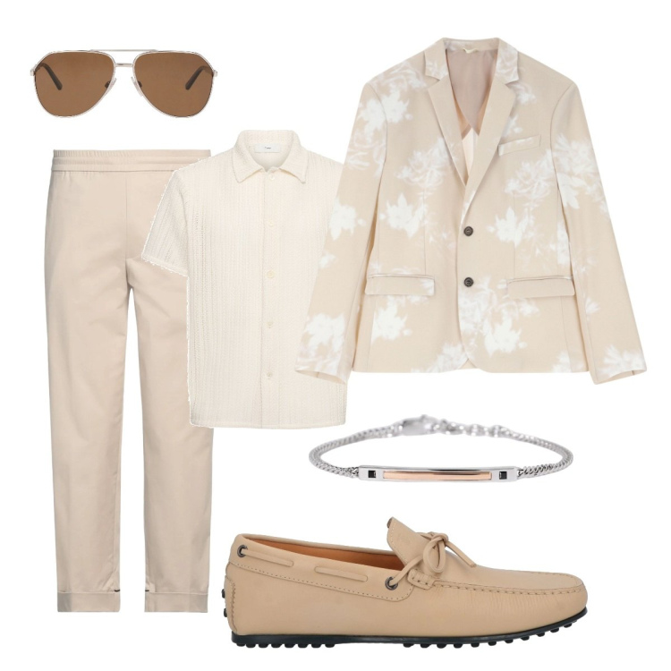 Outfit uomo - Colori chiari. Stile Trendy per Tutti i giorni. Abbinamento con occhiali da sole, pantaloni, scarpe stringate, braccialetti, giacche, camicie.