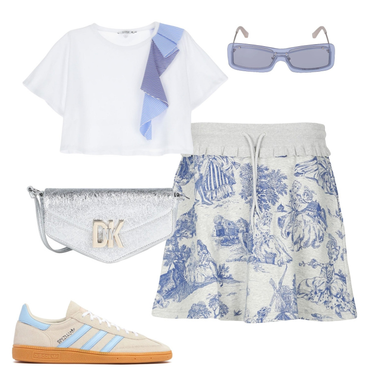 Outfit donna - La gonna Moschino. Stile Casual chic per Tutti i giorni. Abbinamento con borse a tracolla, minigonne, t-shirt, occhiali da sole, sneakers.