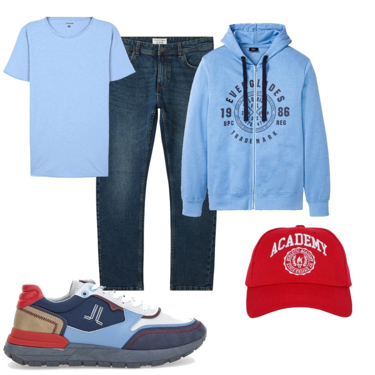 Outfit uomo - Total look #2076366. Stile Casual per Tutti i giorni. Abbinamento con felpe con cappuccio, jeans, cappelli, t-shirt, sneakers.