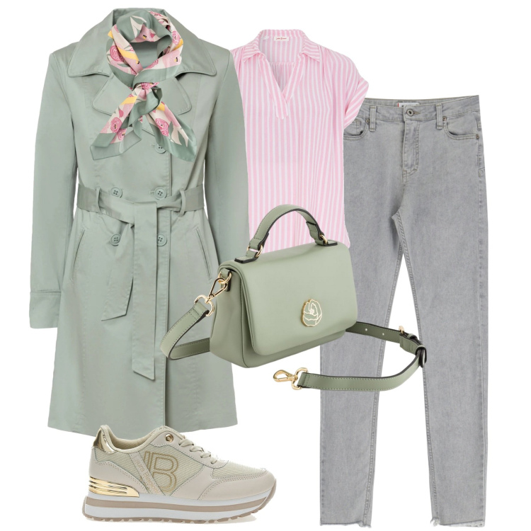 Outfit donna - Pioggia primaverile. Stile Casual chic per Tutti i giorni. Abbinamento con trench, bluse, jeans skinny, sneakers, borse a cartella, foulard.