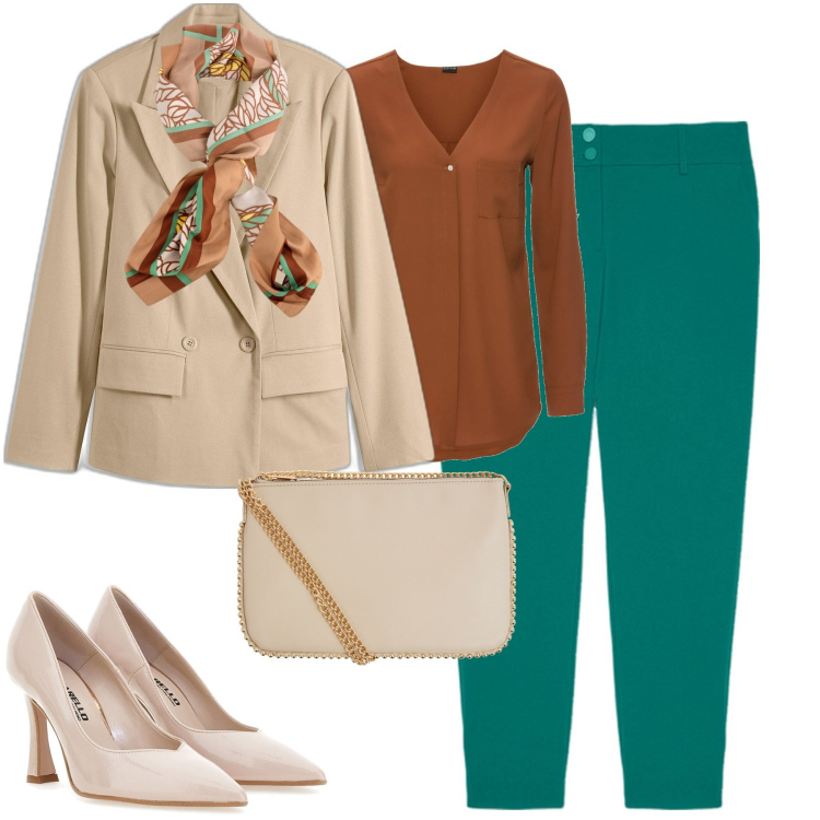 Outfit donna - City. Stile Urban per Tutti i giorni. Abbinamento con camicie, blazer, borse a tracolla, décolleté, pantaloni, foulard.