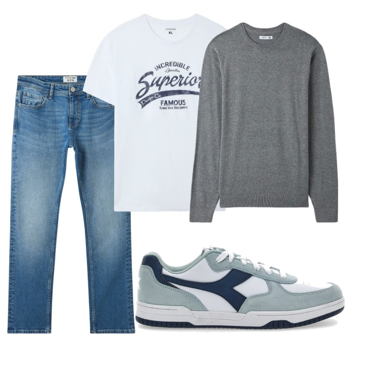 Outfit uomo - Total look #2076375. Stile Casual per Tutti i giorni. Abbinamento con jeans, maglieria, t-shirt, sneakers.