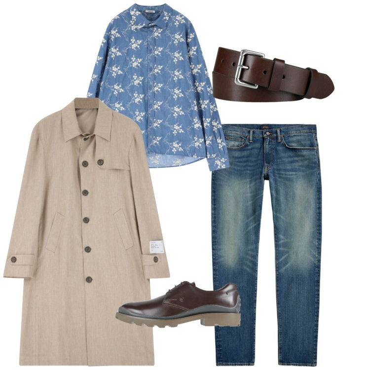 Outfit uomo - Trench. Stile Trendy per Tutti i giorni. Abbinamento con scarpe stringate, trench, camicie, cinture, jeans.