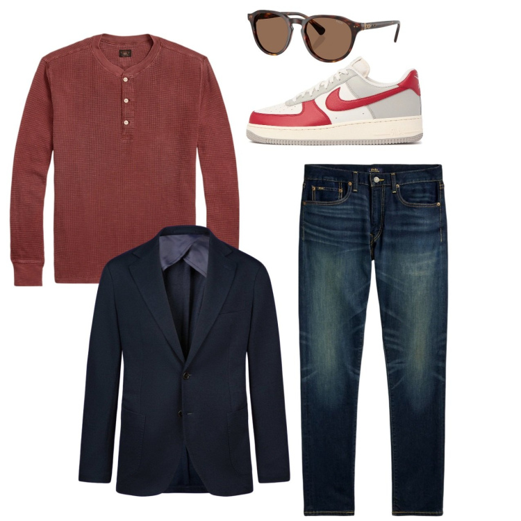 Outfit uomo - Giornata di sole. Stile Casual per Tutti i giorni. Abbinamento con occhiali da sole, jeans, t-shirt, giacche, sneakers.