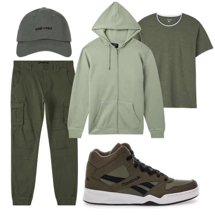 Outfit uomo - Total look #2076386. Stile Casual per Tutti i giorni. Abbinamento con t-shirt, felpe con cappuccio, pantaloni cargo, cappelli con visiera, sneakers.