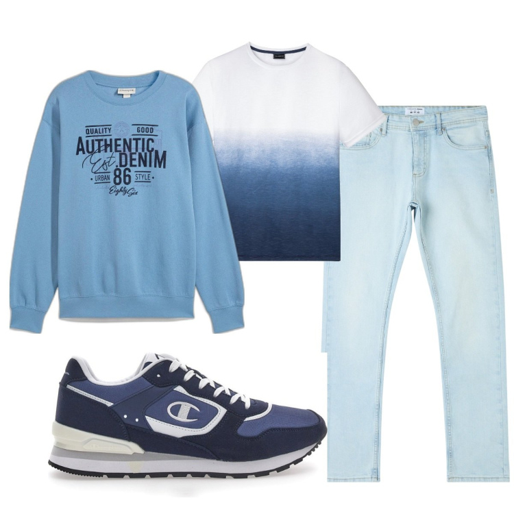 Outfit uomo - Total look #2076388. Stile Casual per Tutti i giorni. Abbinamento con t-shirt, felpe, jeans dritti, sneakers.
