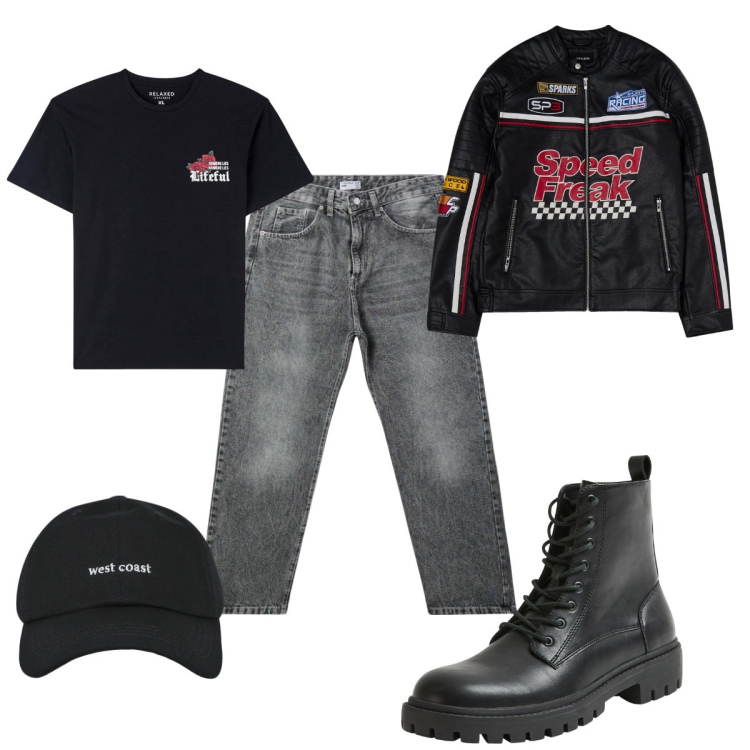 Outfit uomo - Rock. Stile Biker Rock per Tutti i giorni. Abbinamento con cappelli con visiera, giacche, anfibi, t-shirt, jeans.