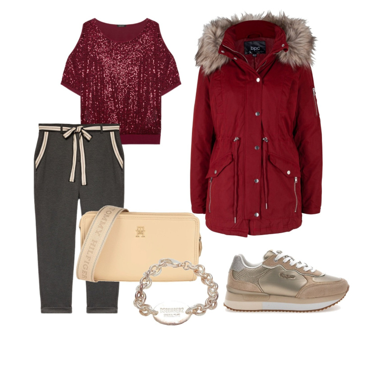 Outfit donna - E poi chissa. Stile Sporty chic per Mare. Abbinamento con parka, braccialetti, borse a tracolla, sneakers, pantaloni chino, t-shirt.