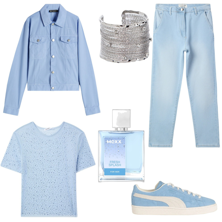 Outfit donna - Color cielo per il quotidiano. Stile Basic per Tutti i giorni. Abbinamento con sneakers, profumi, jeans skinny, t-shirt, blazer, braccialetti.